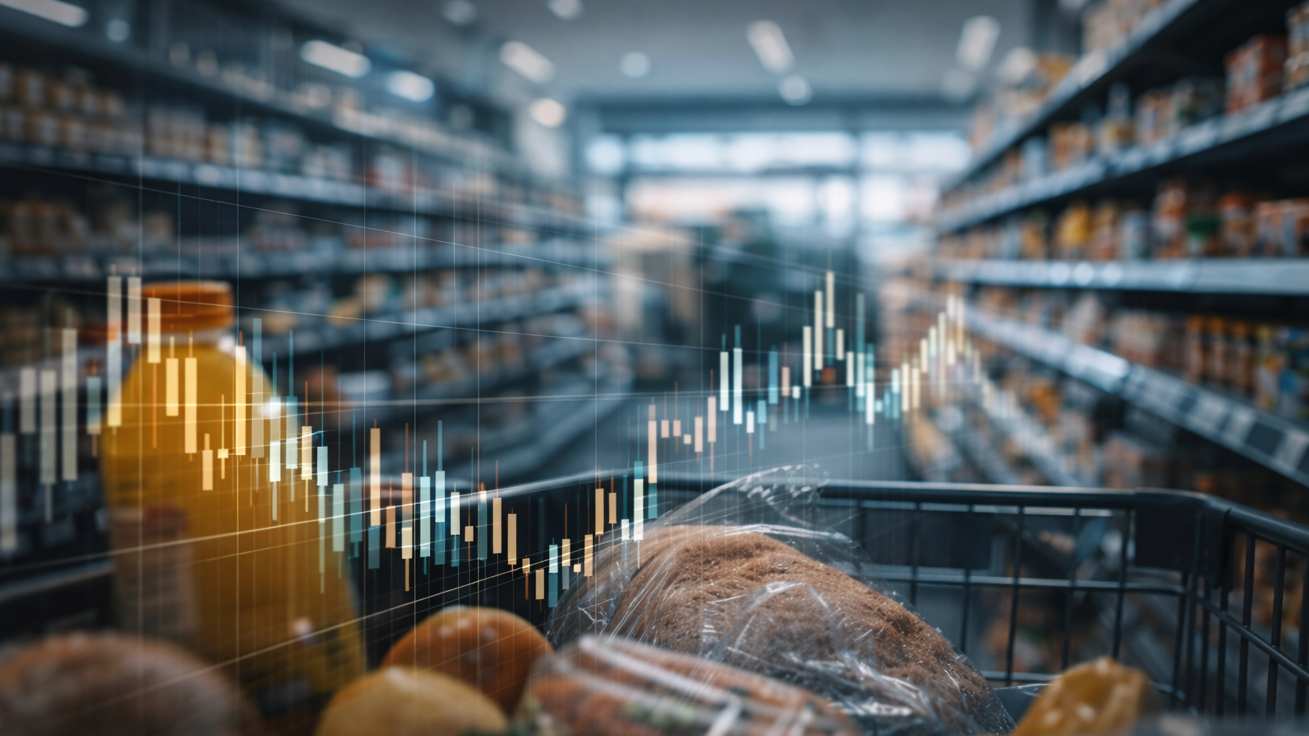 e-kalathi-supermarket-price-dispersion-data A shopping cart in a blurred supermarket aisle with a glowing digital candlestick chart overlay representing price dispersion and market data analysis.