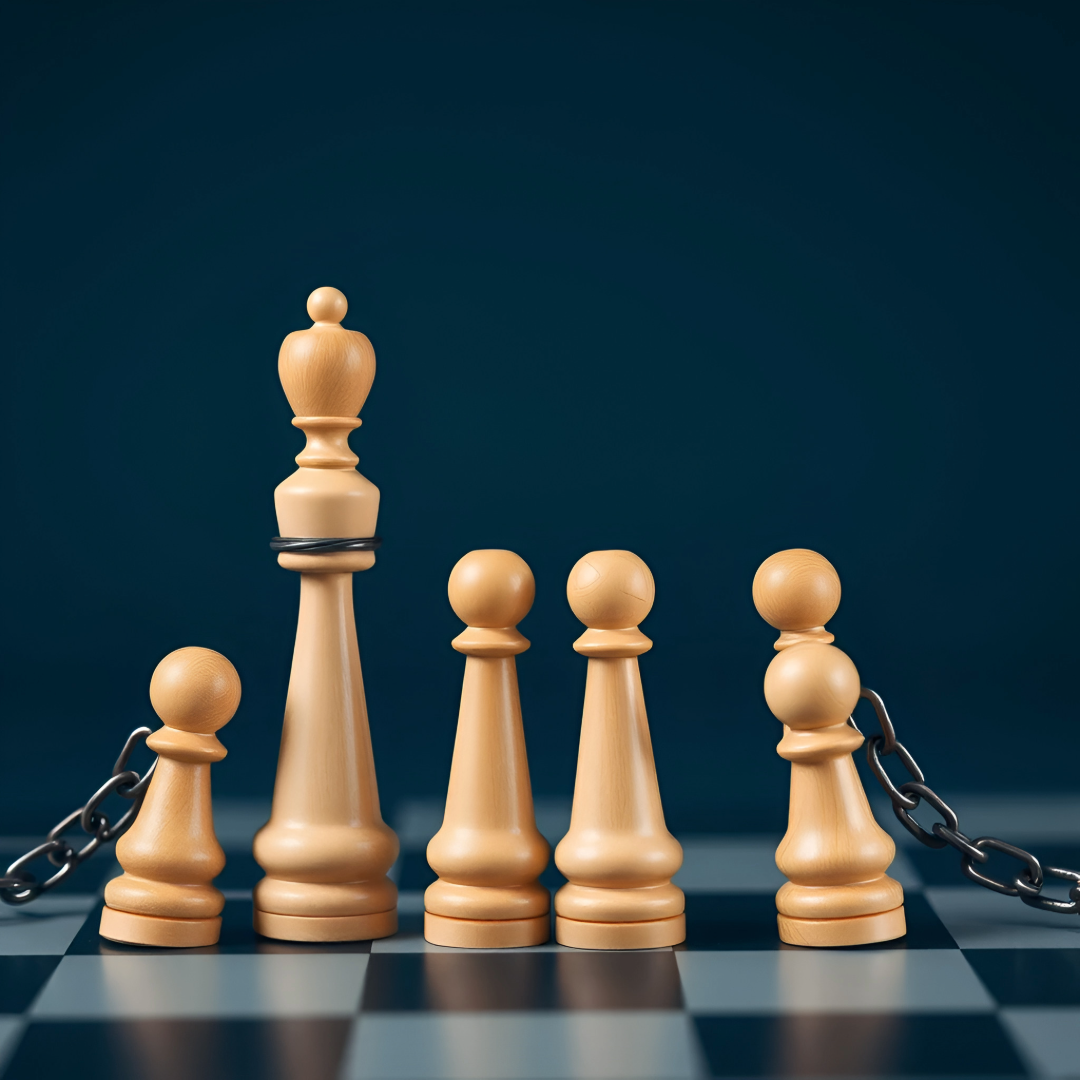 counterfactual-analysis-by-object-restrictions Light wooden chess pieces on a chessboard with some pieces bound by metal chains, metaphorically representing counterfactual analysis in by-object restrictions and market constraints under EU competition law.